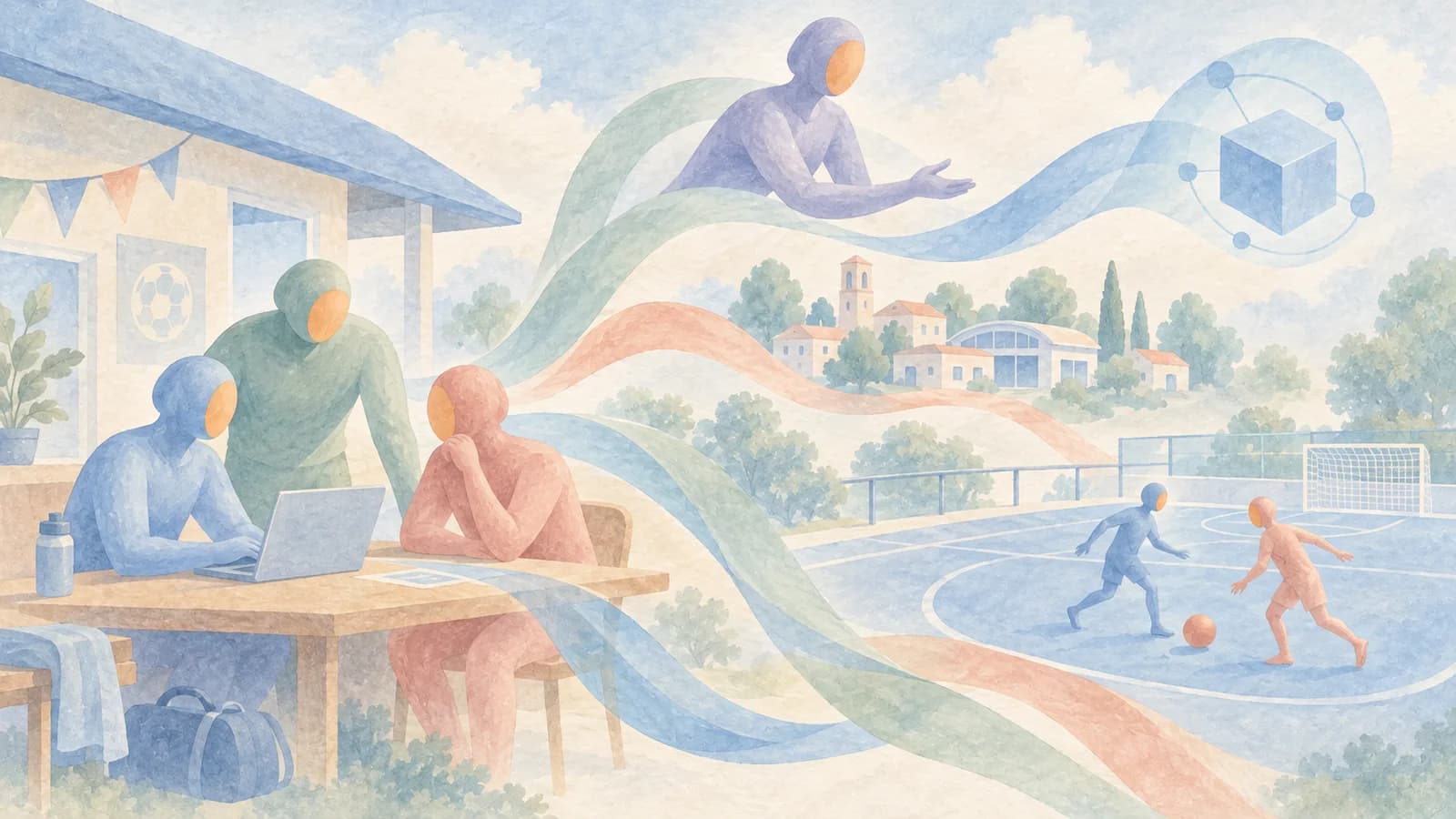 Pastel watercolour illustration of community sport and the people who could support a club's use of technology.