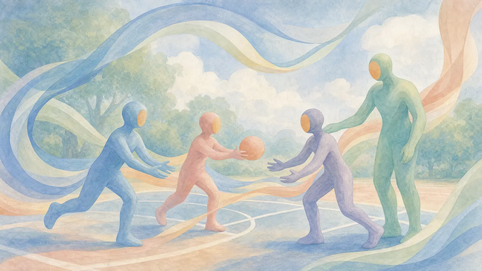 Pastel watercolour figures playing cooperatively with a ball, supported by an adult beneath flowing blue and coral ribbons.