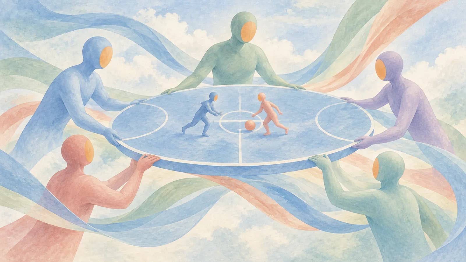 Pastel watercolour figures connected around shared sporting activity, illustrating support and participation.